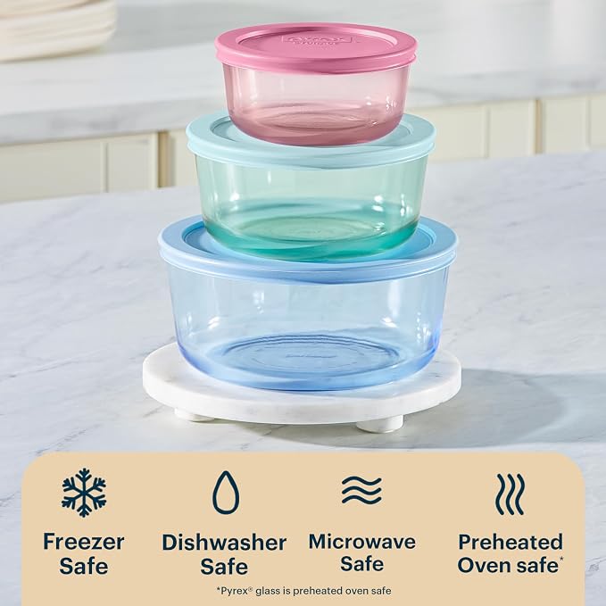 Pyrex Colors (3-Pack, Medium) Tinted Glass Round Food Storage Container Set, Snug Fit Non-Toxic Plastic BPA-Free Lids, Freezer Dishwasher Microwave Safe, 2 Cup, 4 Cup & 7 Cup