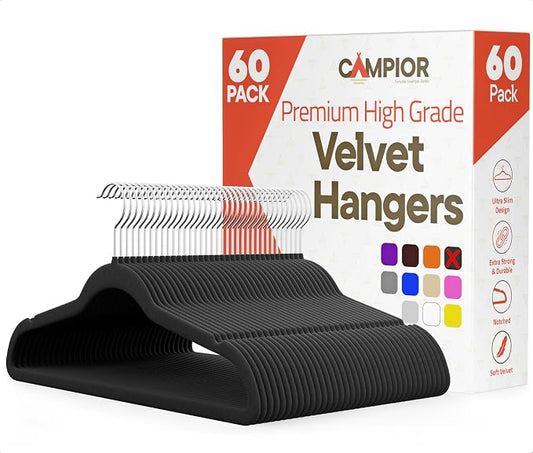 Black Velvet Hangers 60 Pack – 360° Swivel Hook, Non-Slip and Space Saving Hangers, Heavy-Duty 11 lbs Weight Capacity - Smooth Velvet Finish for Crease-Free Clothes and Effortless Closet Organization