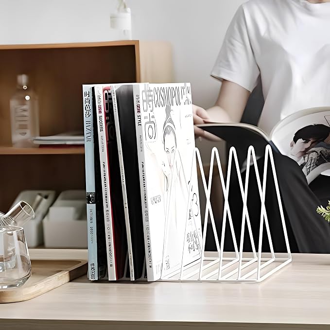 Sooyee 9 Slot Metal Record Holder Storage,White | Magazine Holder, Book Album Display Rack, Desktop File Sorter Organizer, Triangle Bookshelf Decor for Home Office