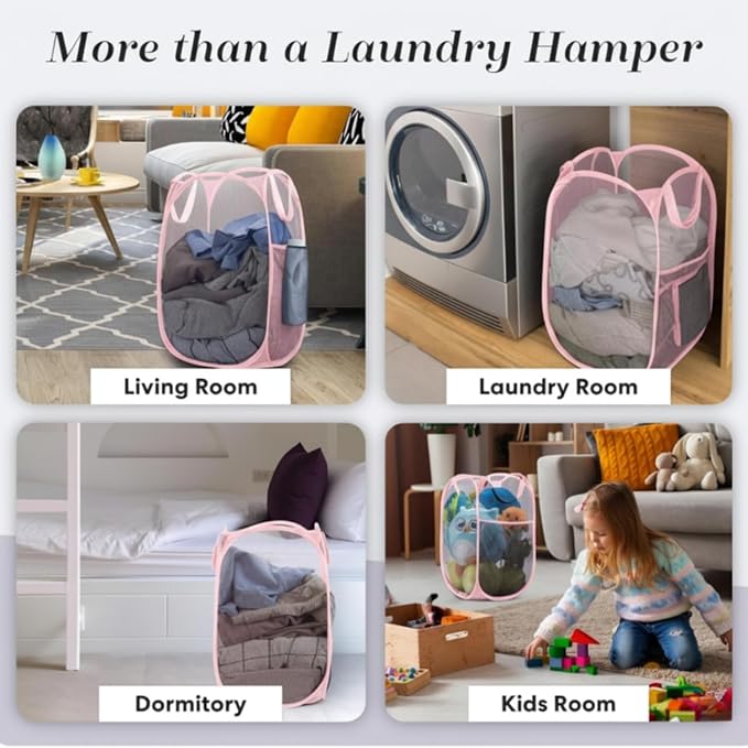 Handy Laundry Collapsible Mesh Pop Up Laundry Hamper with Side Pocket, Breathable & Space-Saving Foldable Basket for Clothes, Toys, Travel, Storage, 14 x 13 x 24 in, Pink