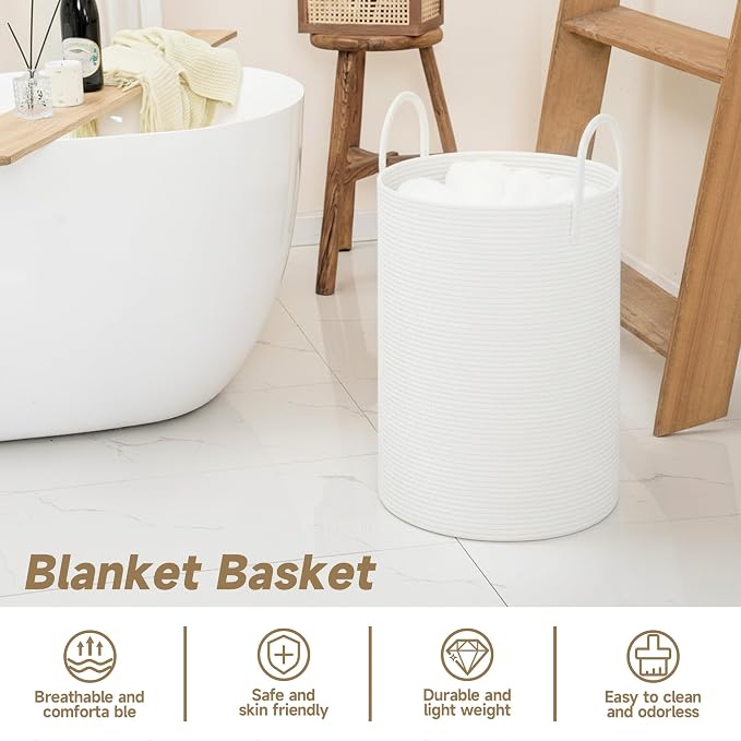 CLHMILY&Z Laundry Hamper Round Storage Rope Basket in Living Room, Bedroom, Laundry Room for Toy, Clothes, Blanket, Pillow (White, 80L)