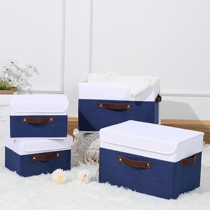 ANMINY Storage Boxes with Lids Washable Decorative Storage Bins Basket with PU Leather Handle Foldable Linen Fabric Storage Cubes Containers for Home Closet Organizer - Deep Blue White, Medium