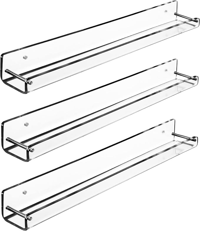 AMT 3 Pack Acrylic Floating Shelves, 15 L x 1.8 W, Clear Bathroom Wall Shelf, Bookshelves, Invisible Display for Office, Bedroom, Small Gap Allows Water to Escape, Free Screws & Drill Bit (Small)