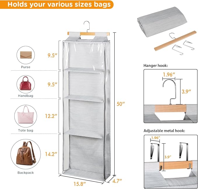 Syeeiex Hanging Handbag Purse Organizer with Zippers, Clear Slubbed Fabric+PVC Hanging Closet Bag Organizer, 4 Mesh Shelves,Dustproof Handbag Closet Tote Storage Bag for Door, Wardrobe, Shelf Rack