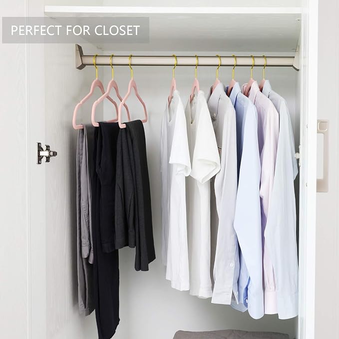 MIZGI Premium Velvet Hangers (Pack of 50) Heavyduty - Non Slip - Velvet Suit Hangers Blush Pink - Gold Hooks,Space Saving Clothes Hangers Felt Organizer