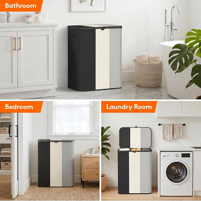 Lifewit 185L 3 Section Laundry Hamper with Lid, Large Laundry Basket with Handles and Removable Bags, Tall Clothes Hamper, Foldable Laundry Sorter for Bedroom Bathroom, Black, Gray, and White