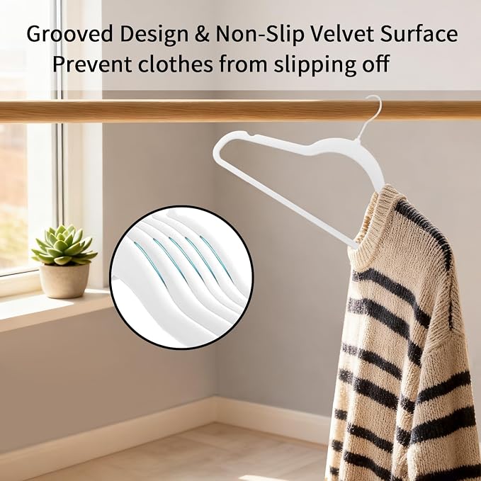 ManGotree White Velvet Coat Hangers with 360° Swivel White Hook, Non-Slip Felt Suit Hangers, Slim Space Saving Clothes Hanger for Jacket, Sweater, Shirt, Dress, Pants (22 Pack)