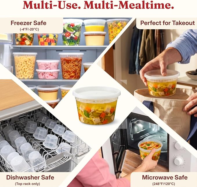 12oz Deli Containers with Lids (48 Set/96 Pcs) Small Fruit Cups with Lids, Freezer Microwave Safe, BPA-Free Stackable Airtight Leakproof Salad Dressing Condiment Dipping Sauce Cups