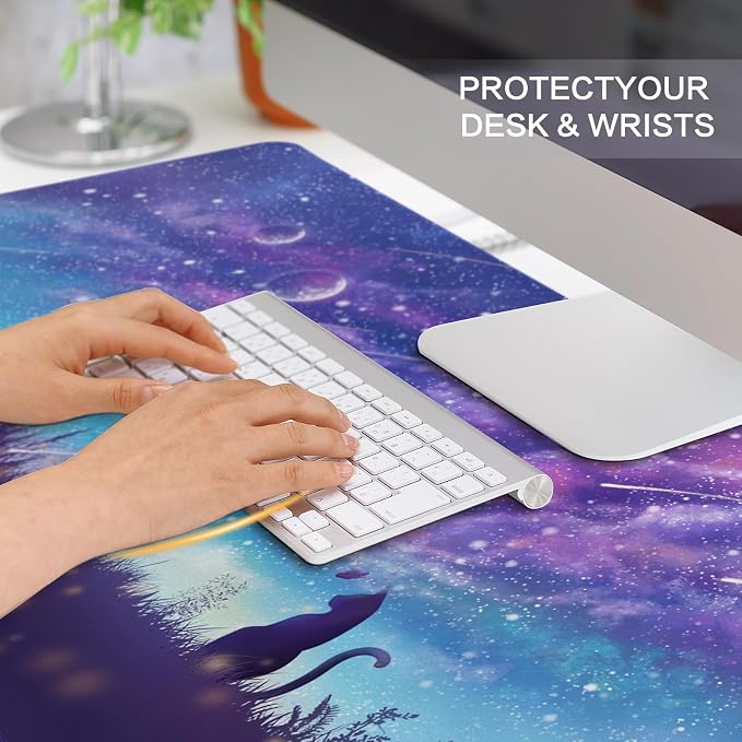 Purple Gaming Mouse Pad XL Cat Cute Desk Pad Keyboard Mat Kawaii Cat Sky Mouse Pad Blue Desk Mat Decor with Stitched Edges Non-Slip Large Computer Mat 31.5"x11.8"