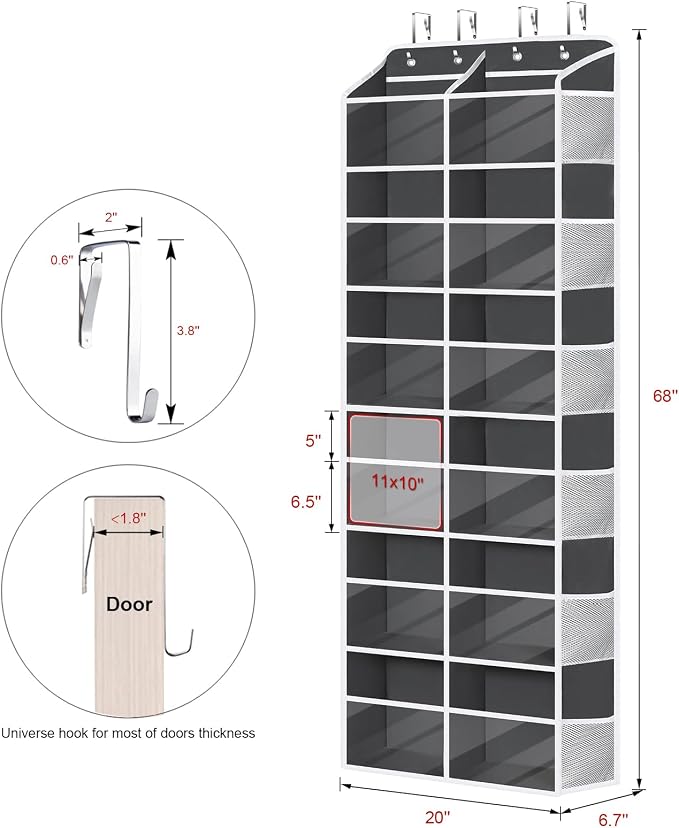 Univivi Over The Door Organizer, 6 Tiers Behind Door Storage with Clear Deep Pockets Hanging Organizer for Closet, Bedroom, Nursery, Bathroom and Sundries (Dark Grey)