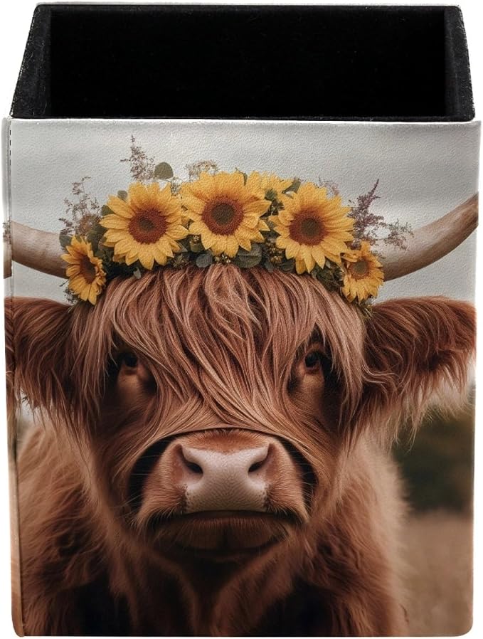 Pen Holder for Desk, Highland Cow Sunflower Pencil Holder, Pen Cup Functional Desk Organizer for Office Supplies