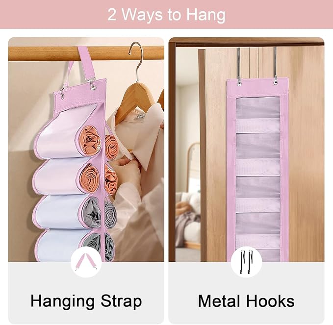 DHSFKBE Legging Organizer Storage, T Shirt Organizer, Foldable Hanging Closet Organizer Storage with 16 Roll Independent Compartments for Yoga Pants, Tank Top, Towel, Underwear (Pink)