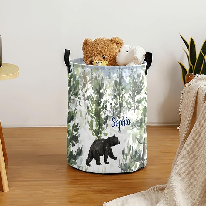 Laundry Basket Forest Bear Custom Name Laundry Bag Hamper Collapsible Oxford Cloth Home Storage Bin with Handles