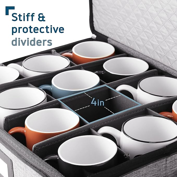 Fine China Hard Shell Dish Organizer - 5 Piece Stackable Mug and Plate Storage Containers with Dividers for Moving and Seasonal Storage, Grey