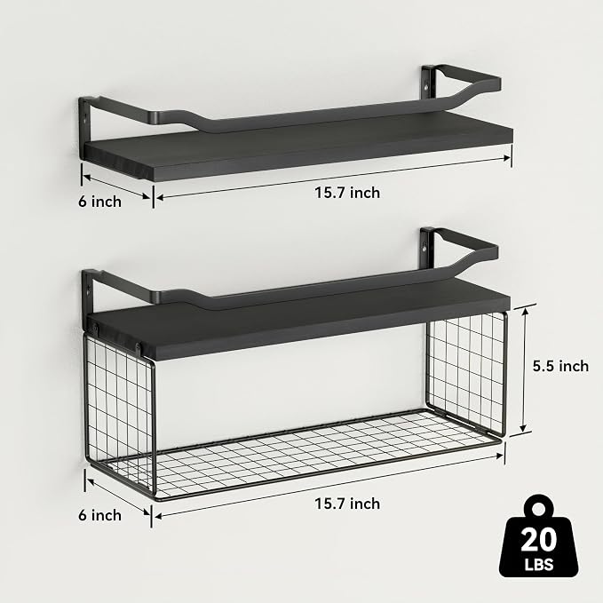 WOPITUES Floating Shelves with Wire Storage Basket, Bathroom Shelves Over Toilet with Protective Metal Guardrail, Wood Wall Shelves for Bathroom, Bedroom, Living Room, Toilet Paper-Black