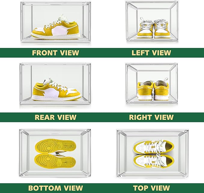 4 Pack X-Large Shoe Boxes Size 14, Clear Acrylic Handbag Storage Box Sneaker Display Case Shoes Containers with Magnetic Door Acrylic Display Case Organizer for Closet