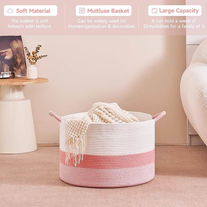 CLHMILY&Z Large Cute Pink Basket - 20x13 Inches - Blanket Hamper for Living Room, Round Storage Bin, XLarge Laundry Organizer for Clothes, for Tree Plant, Mix Brown