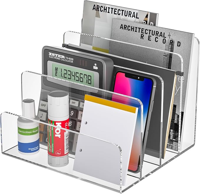 Sezanrpt Acrylic File Holder 4 Compartment, Clear Desk File Organizer, Acrylic Organizer for Books, Phone, Ipad, Envelope, Notebook, Calculator