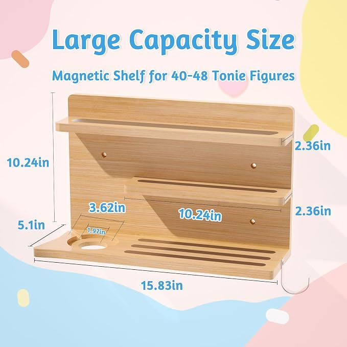 for Tonies Shelf Magnetic - 3 Tier Wooden Tonies Figure Organizer, Natural | Tonies Box Holder, Magnetic Display Shelf for Kids Room, Wall Floating Shelves Toy Storage Compatible Charging Station