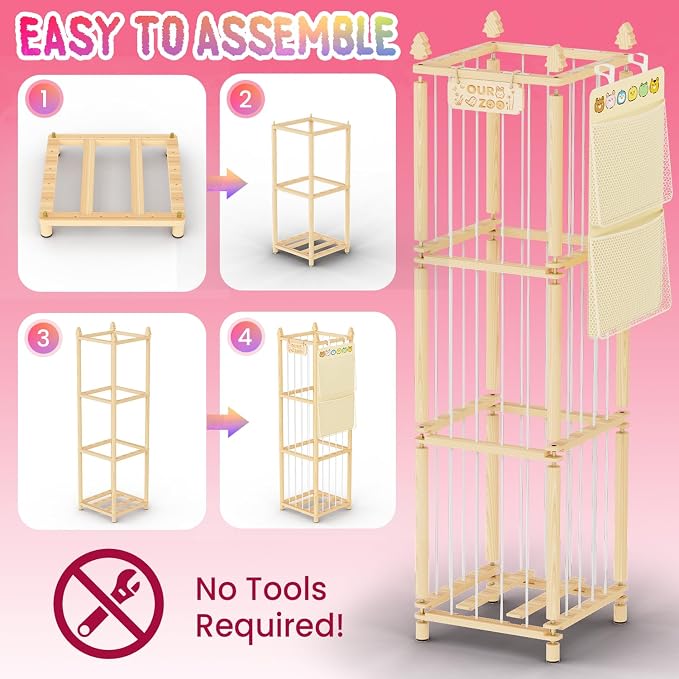 Stuffed Animal Storage - Large Wooden Toy Storage Organizer with 1 Removable Hanging Storage Net, Plush Toy Organizer for Kids' Rooms, Bedroom, Playroom or Nurseries