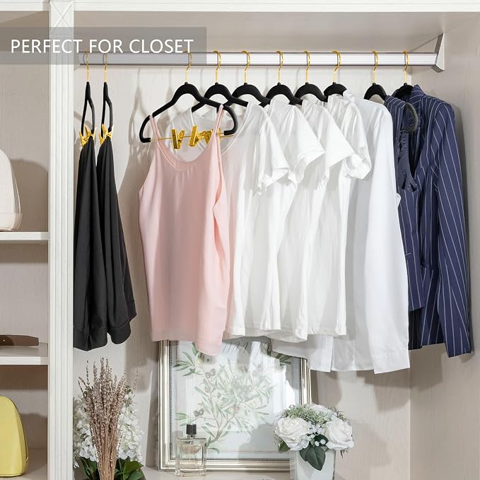 MIZGI Premium Velvet Pants Hangers with Adjustable Clips (Pack of 30) Slim Skirt Hangers- Non Slip Felt Outfit Dress Hangers Black - Gold Hooks,Space Saving Shirt Clothes Hangers