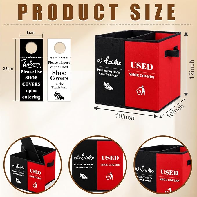Shoe Cover Box with Door Hanging Sign – Foldable Double Compartment Storage Bin, Freestanding Dispenser Organizer for Home, Office, Entryway (Black Red)