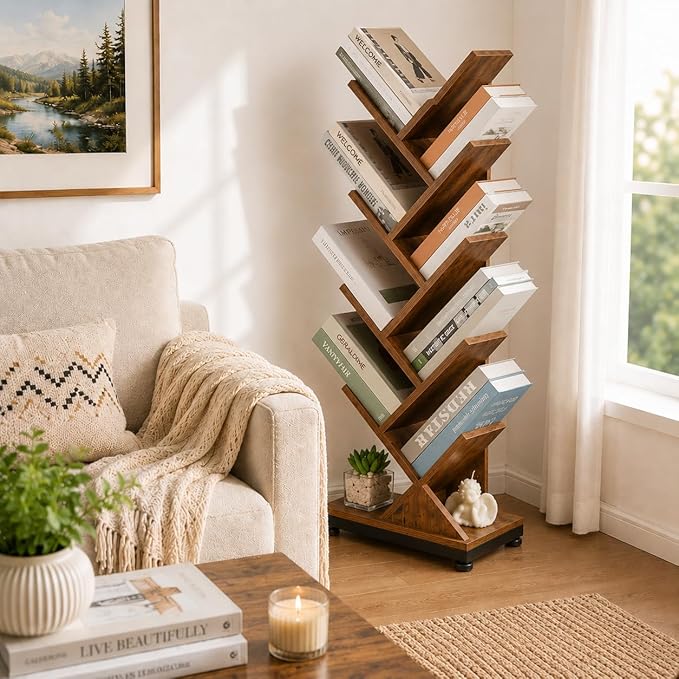 ruboka 9-Tier Tree Bookshelf Storage Organizer Display Rack | Floor standing Bookcase, sturdy wood, space-saving. Ideal Book Shelf for living room, bedroom, office. Holds magazines, CDs.
