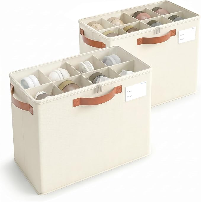 Varhomax Shoe Organizer Box for Closet, Small Fabric Shoe Storage Bin with Adjustable Dividers & Clear Cover, Saving Space Sneakers & Sandals Containers for Entryway, Cubby, Beige 2 Pack