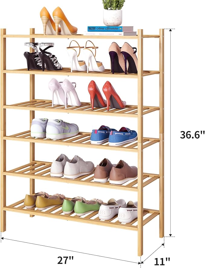 Bamboo Shoe Rack Stackable Shoe Shelf Storage Organizer for Unit Entryway Hallway and Closet Sturdy Freestanding Shelf(6 Tier Natural)