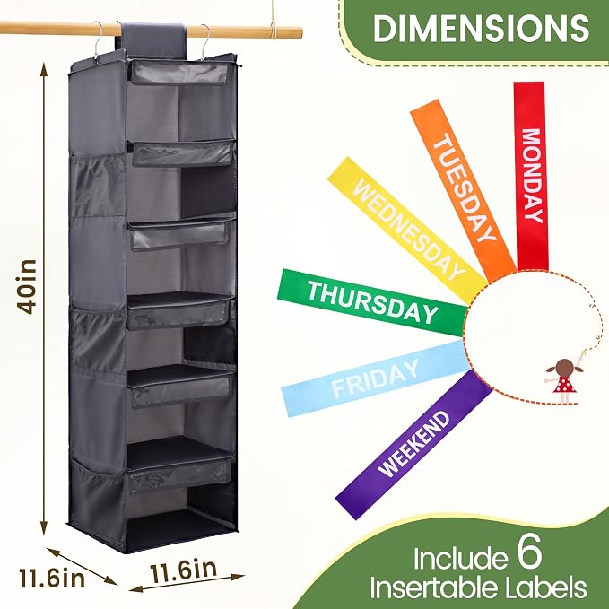 6-Shelf Weekly Clothes Organizer for Kids, Hanging Daily Closet Organization with 6 Side Pockets, Days of The Week Clothing Divider Storage for Boys and Girls (Grey)