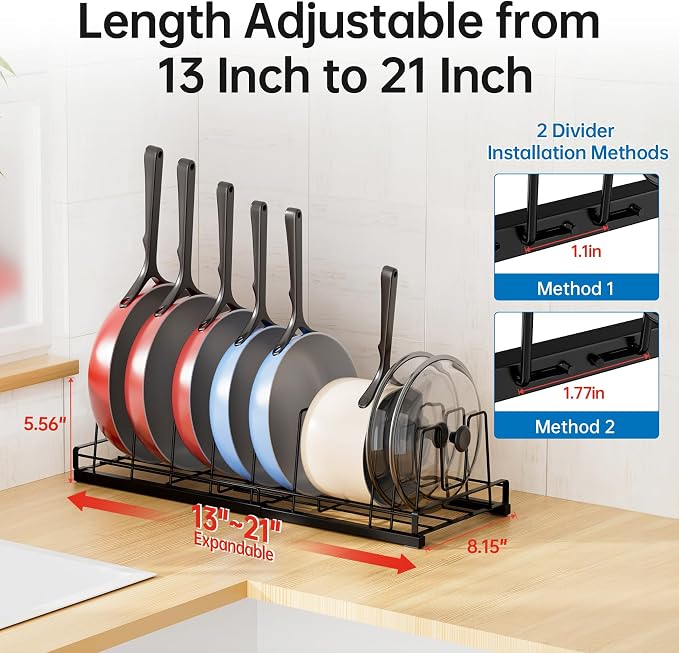 Expandable Food Container Lid Organizer, 9 Adjustable Dividers Sturdy Metal Pot and Pan Organizer Rack for Kitchen Cabinets, Drawers, Pantry Shelves, Countertops, Black, 8.15" Wide