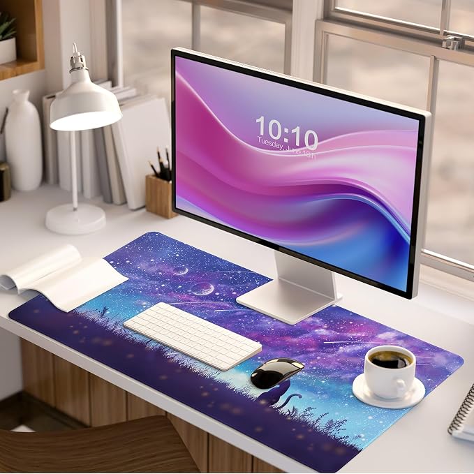Lokigo Gaming Mouse Pad, Large Mouse Pad for Desk, Desk Mat Extended Mousepad, Cute Purple DeskPad with Non-Slip Rubber Base, Computer Mats for Desktop Home Office (31.5"x15.7", Cat)