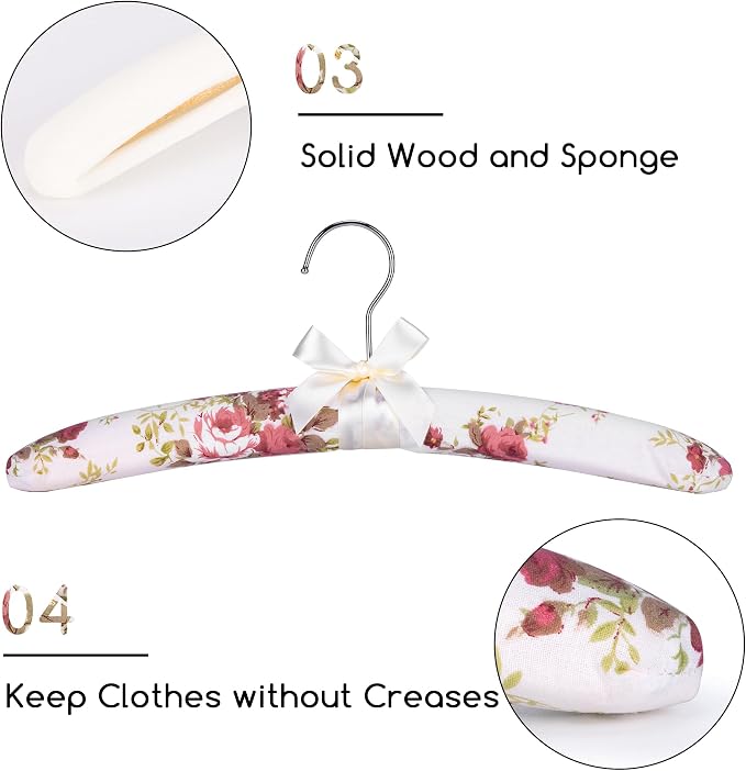 NEOVIVA Padded Hangers for Women Clothing, Floral Clothes Hangers, No Shoulder Bump Hangers for Adult, Padded Clothes Hangers for Women Sweaters, Dresses, Suits (Pack of 5)