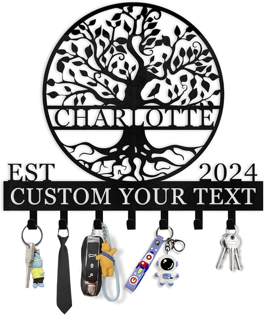 Dyoart, Personalized Key Holder Wall Mount - Custom Name Tree of Life Key Holder for Wall, Metal Key Rack Coat Rack for Front Door, Living Room, Kitchen, Housewarming Wedding Gift