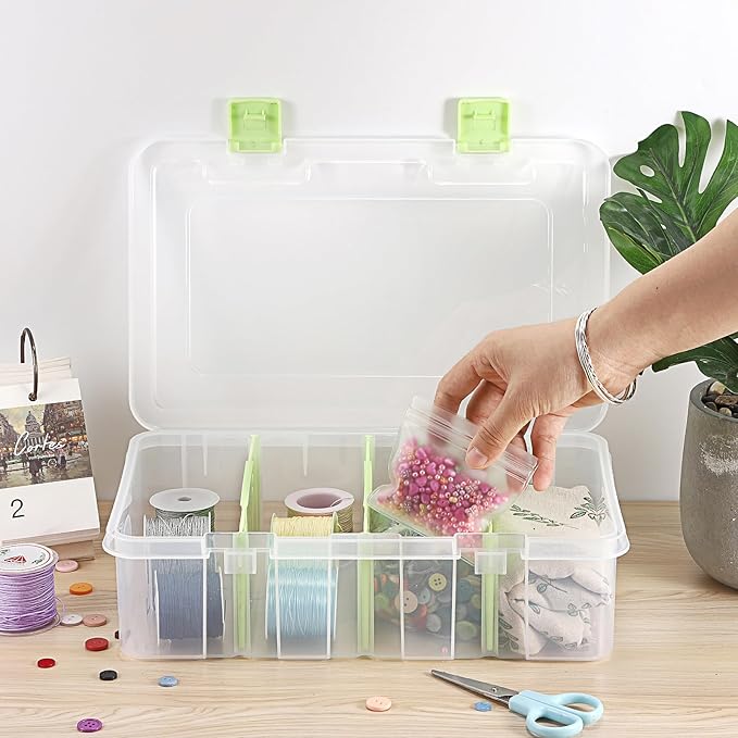 BTSKY Clear Plastic Dividing Storage Box with 4 Compartments Adjustable Storage Bin with Lid Plastic Craft Storage Container Multipurpose Sewing Box Art Supply Organizer, 13.3x8.1x3.4 Inches, Green