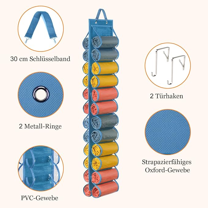 Lirex Hanging Yoga Legging Storage Organizer with 24 Pockets, Foldable Oxford Cloth Hanging Closet Organizer T-Shirt Organizer Jeans Storage Hanger Socks Holder for Family Closet Bedroom, Blue