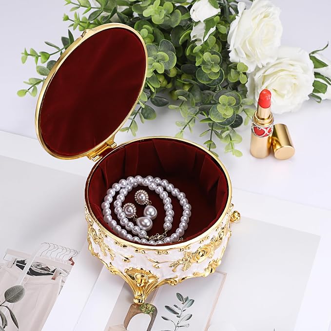 Hipiwe Round Jewery Box Metal Trinket Organizer Decorative Keepsake Box for Trrasure Ring Earring Holder Vintage Jewelry Display Case, Beige, 5.7" L x 5.1" W x 3.5" H