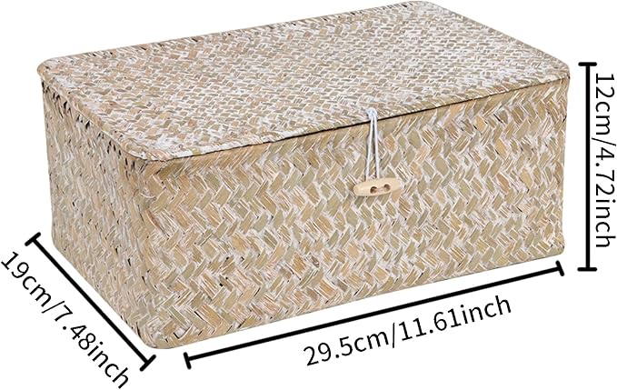 FEIALNDUO Wicker Shelf Baskets with Lid,Seagrass Storage Basket Bins Rectangular Handwoven Basket Boxes for Shelves Desktop Home Organizer (Whitewash, Medium)