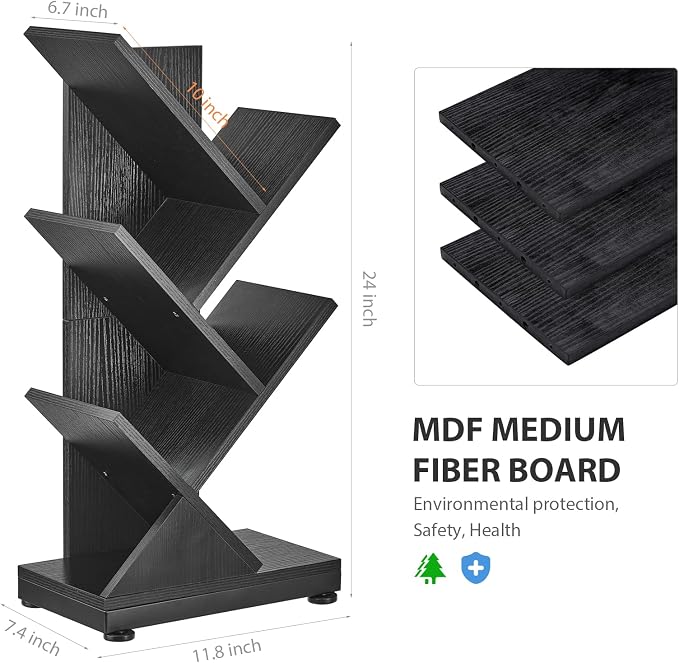 ruboka 5 Tier Tree Bookshelf, Small Bookcase, Black, 11.8"*7.4"*24" | Retro Narrow Bookshelves for CDs/Magazines, Book Shelf for Bedroom, Living Room, Office, Balcony, Study Room