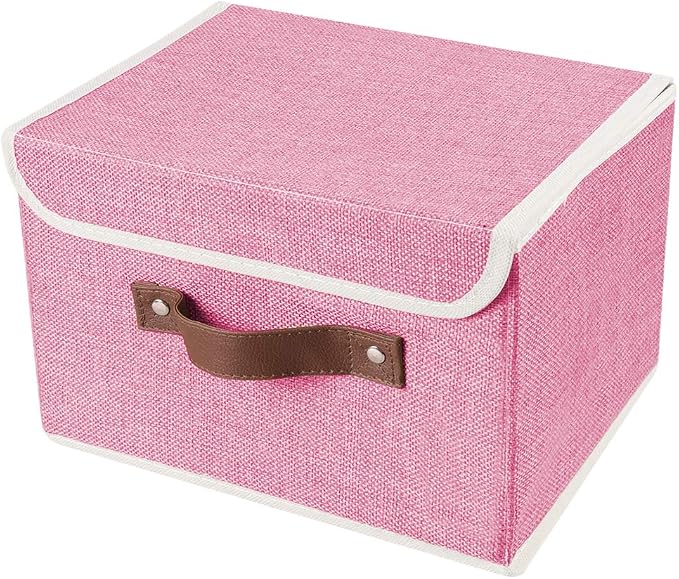 2Pack Storage Bins Boxes with Lids 15"x10"x10" Decorative Storage Baskets | Cotton Linen Fabric, Collapsible, Faux Leather Handles, Storage Cubes, Closet Shelf Clothes Organizer Container, Pink