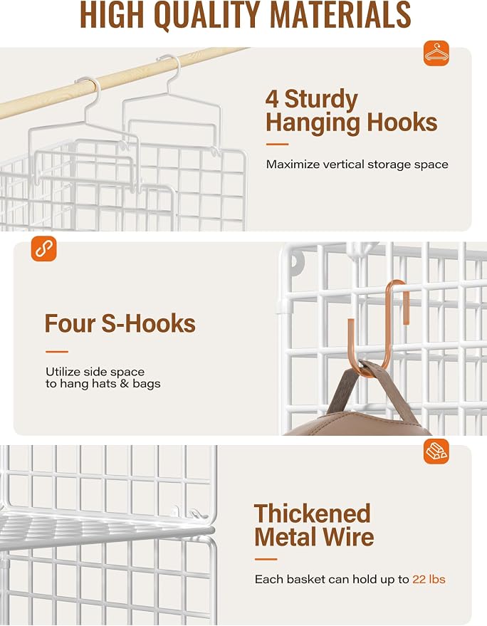 6 Tier Closet Hanging Organizer, Metal Closet Organizers and Storage with 4 Hanging Hooks 4 S-Hooks for Wardrobe Laundry Room, Wire Storage Shelf for Clothes Sweaters Pants (White)