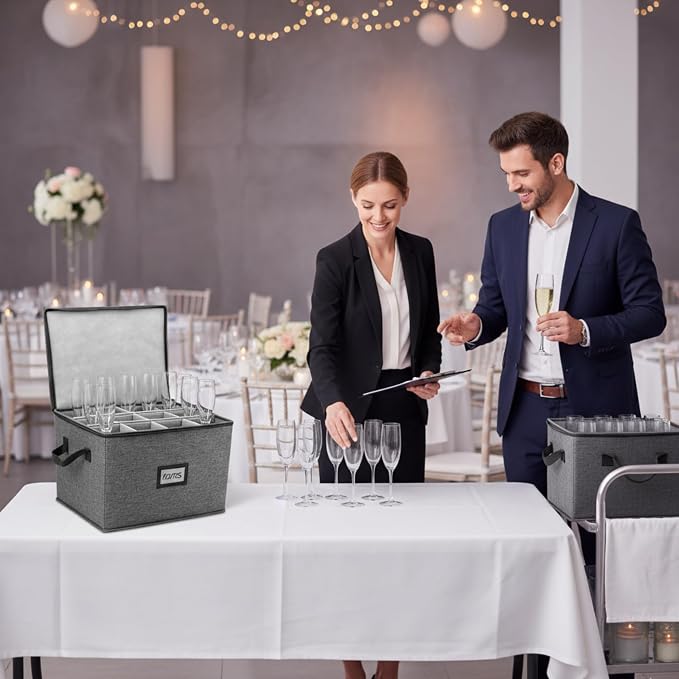 HOMELUX THEORY Champagne Flute Storage Box, Light Gray Hard Shell China Storage Containers, Kitchen Storage Bins With Lids, Heavy Duty Moving Box for Glasses & Stemware, Glassware & Wine Glass