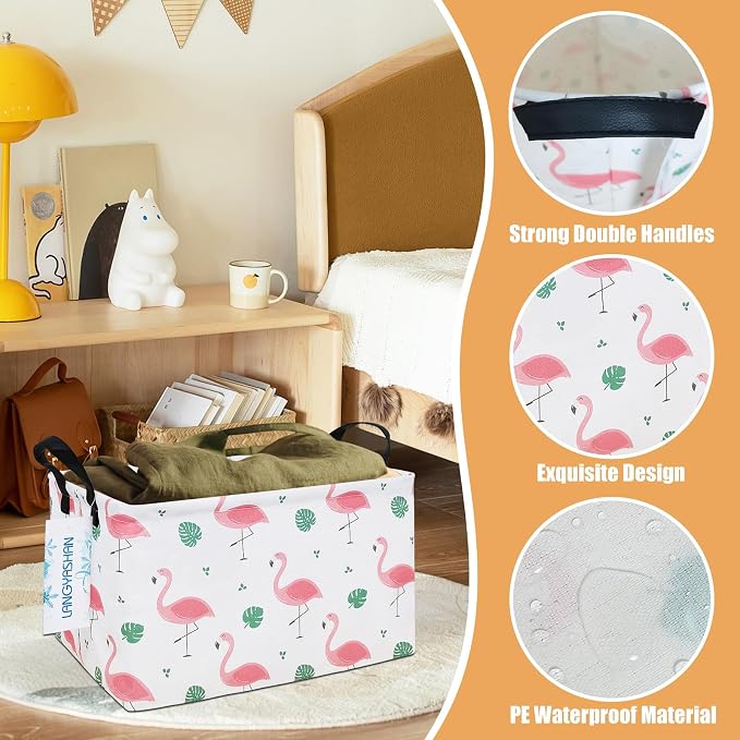 Rectangular Collapsible Leaf Flamingo Storage Basket Nursery Organizer | Storage Bin Foldable Canvas with Handles for Organizing Home Kitchen Children Toys Office Closet Shelf Baskets
