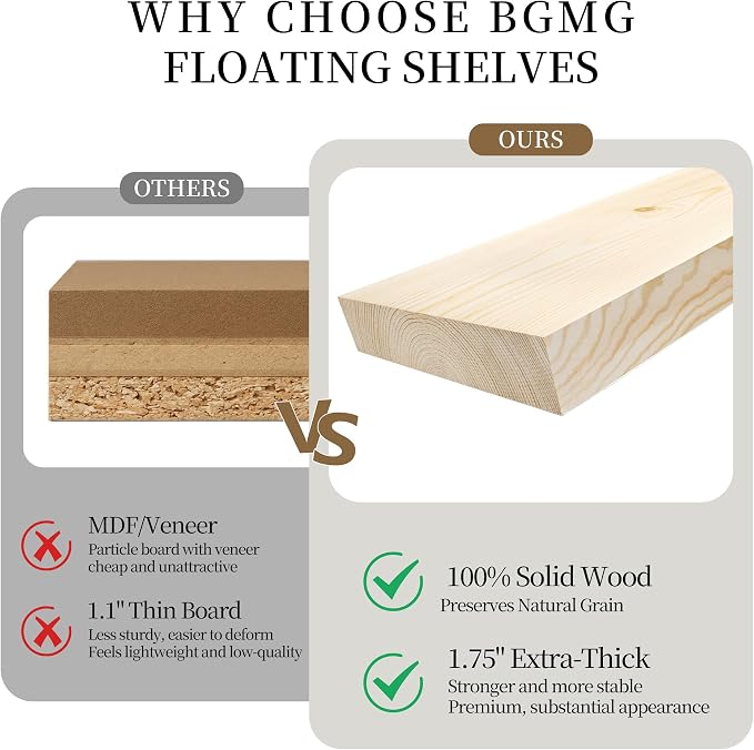 BGMG Small Wood Floating Shelves for wall 8 inch,Distressed Rustic Wooden Wall Mount Shelves for Bathroom Living Room Bedroom Kitchen Farmhouse Set of 2-8x6.7x1.25 inch- Walnut