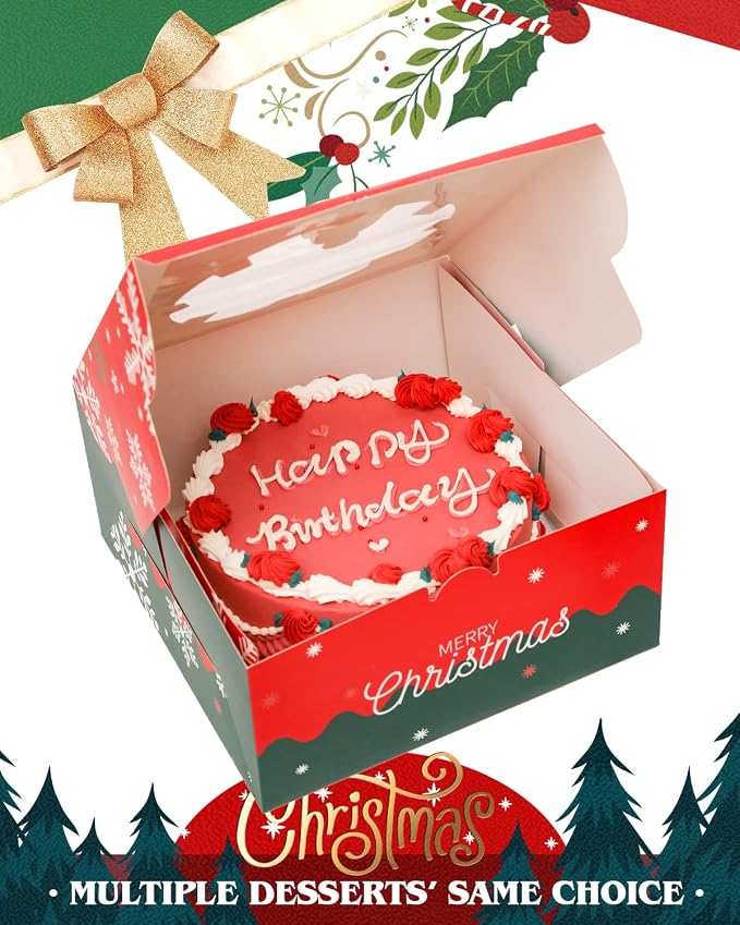 qiqee Christmas 10x10x5 inch Cake Box with Window Bakery Box 4pcs Pastry Box for Christmas's Day