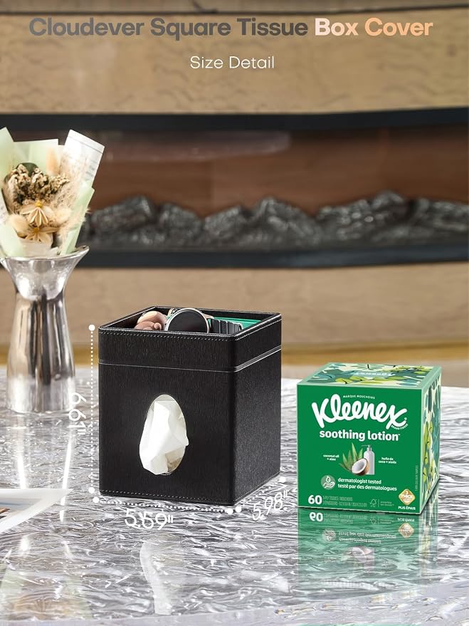 Square Tissue Box Cover Holder with Tray for Kleenex/Puffs Cubes | Gift-Ready for Entryways/Vanities | Stardust Black/Polar Ice/Liquid Iridium | Patented Metal-Look PU Leather-Stardust Black