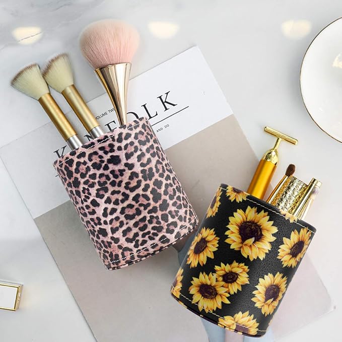 Pen Holder for Women Girls Desk Decor Pencil Cup for Decoration Durable Leather Desk Organizer Makeup Brush Holder, Classic Leopard