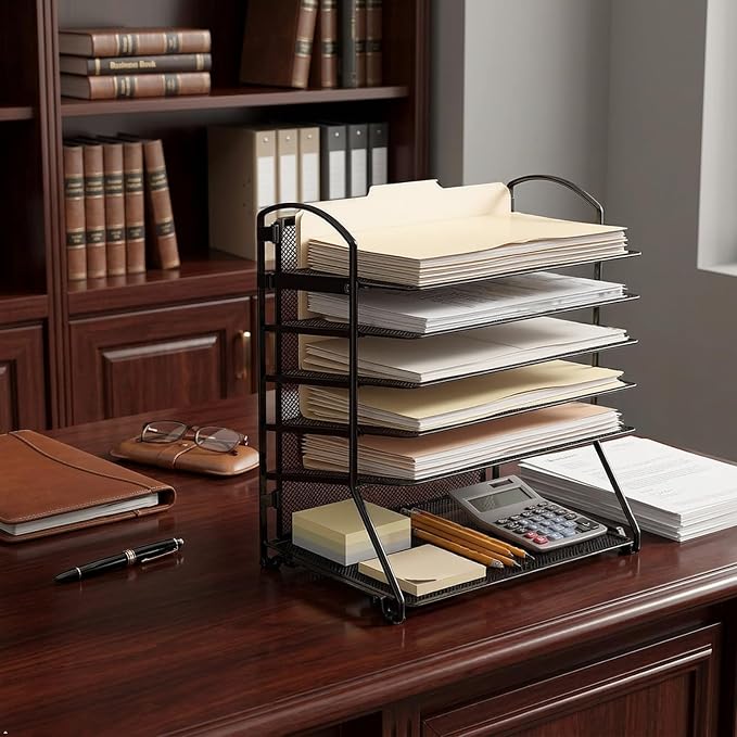 Simple Houseware 6-Tier Sliding File Organizer, Desk Letter Tray for Document and Mail Sorting, Black