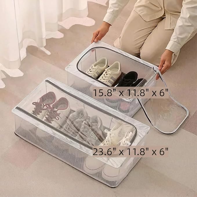 2 Pack Clear Shoe Storage Box for Boot Sneaker, 15.8" x 11.8" x 6" | Stackable Closet Storage Container with Lids, Metal Frame, Waterproof PVC Cloth, for Under-Bed, Bedroom Dormitory