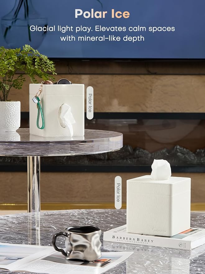 Square Tissue Box Cover Holder with Tray for Kleenex/Puffs Cubes | Gift-Ready for Entryways & Vanities | Stardust Black/Polar Ice/Liquid Iridium | Patented Metal-Look PU Leather-Polar Ice
